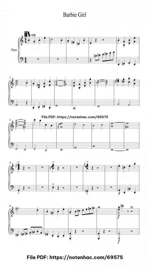 Barbie Girl - Aqua piano sheet music free pdf