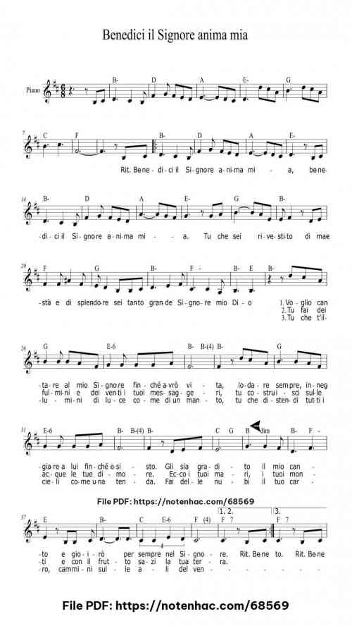 Benedici il Signore anima mia by Servizio Nazionale della Musica e del Canto del Rinnovamento nello Spirito Santo Level Intermediate 3 Benedici il Signore anima mia piano sheet music free pdf