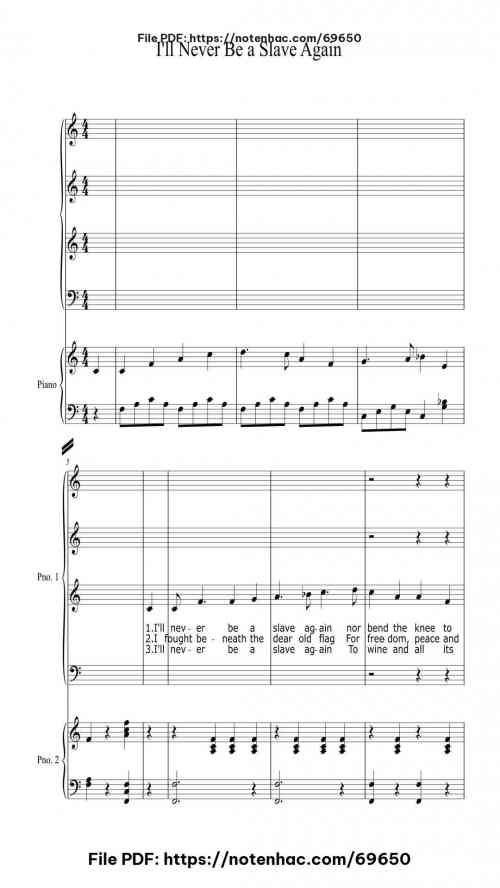 I'll Never Be a Slave Again piano sheet music free pdf