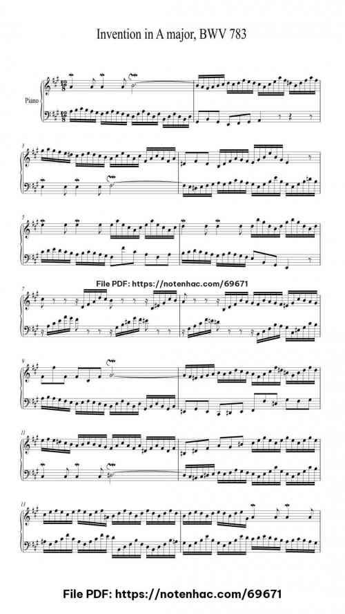 Invention in A Major, BWV 783 piano sheet music free pdf