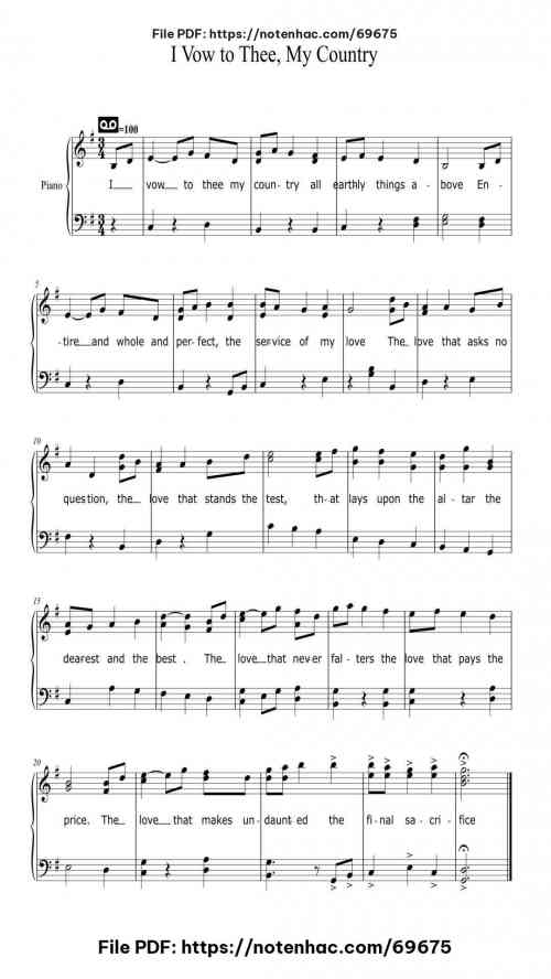 Jupiter - I Vow to Thee, My Country piano sheet music free pdf