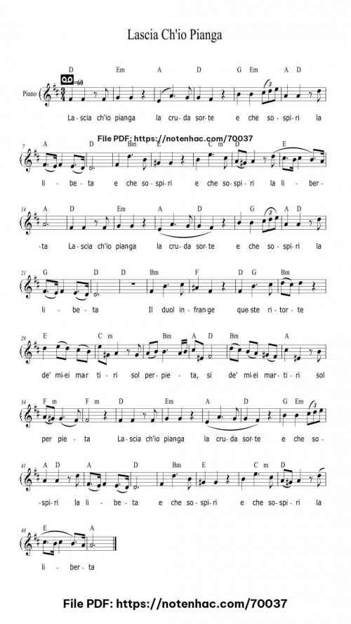Lascia Ch'io Pianga piano sheet music free pdf