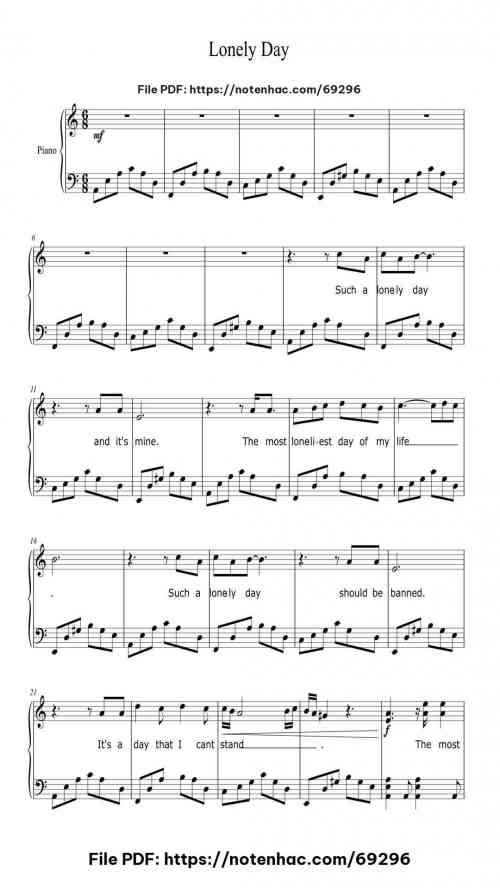 Lonely Day piano sheet music free pdf