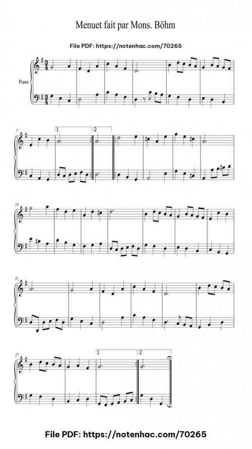 Menuet fait par Mons. Böhm piano sheet music free pdf