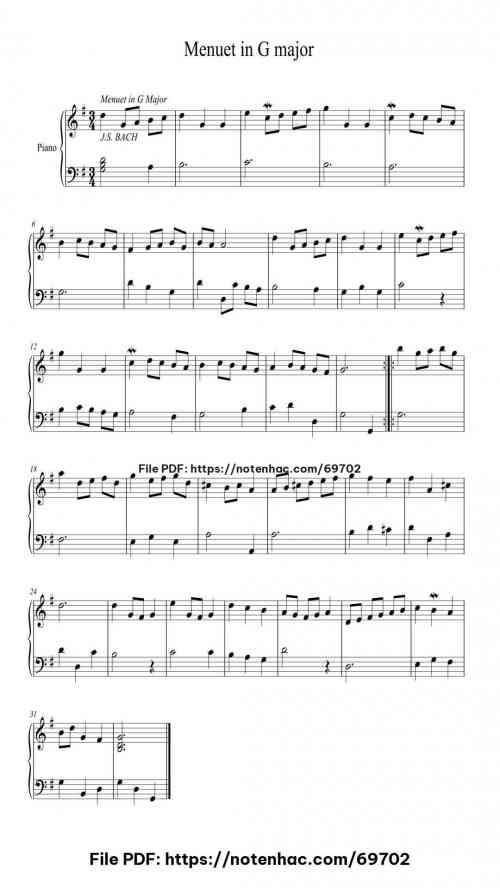 Menuet in G Major, BWV Anh. 114 piano sheet music free pdf