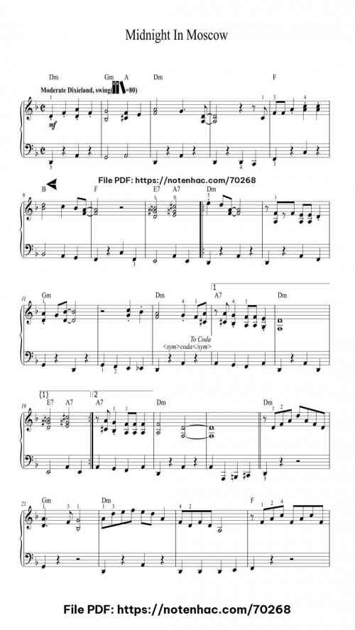 Midnight In Moscow piano sheet music free pdf