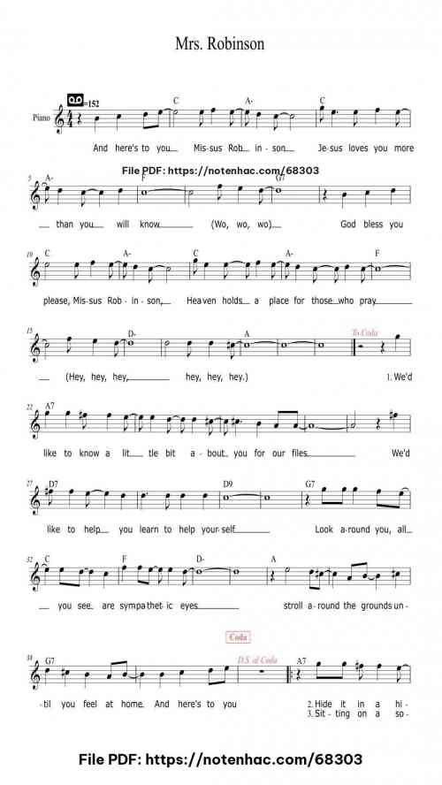 Mrs. Robinson by Simon & Garfunkel Level Easy 3 Mrs. Robinson piano sheet music free pdf