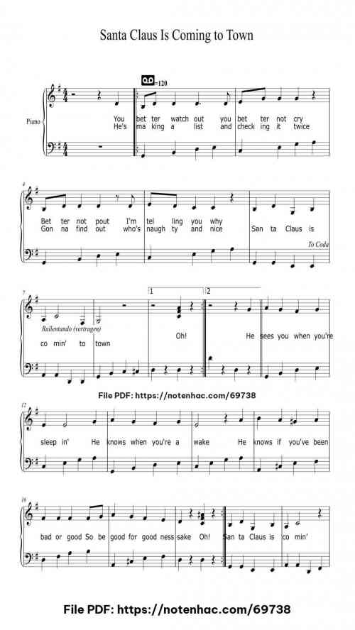 Santa Claus Is Coming to Town piano sheet music free pdf