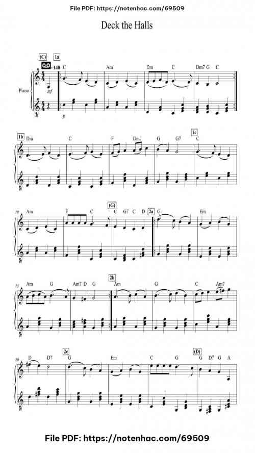 Study for G-clef piano solo based on "Deck the Halls" piano sheet music free pdf