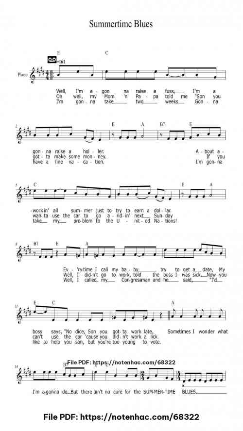Summertime Blues by Eddie Cochran Level Easy 3 Summertime Blues piano sheet music free pdf