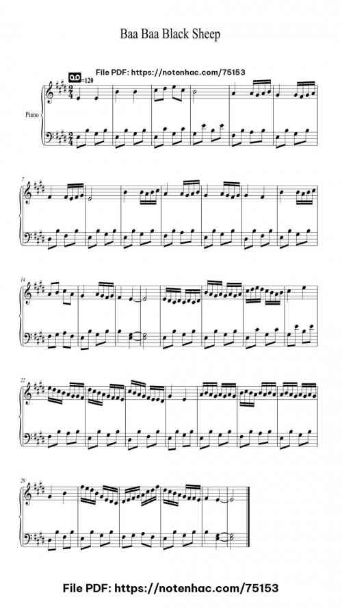 Baa Baa Black Sheep piano sheet music free pdf