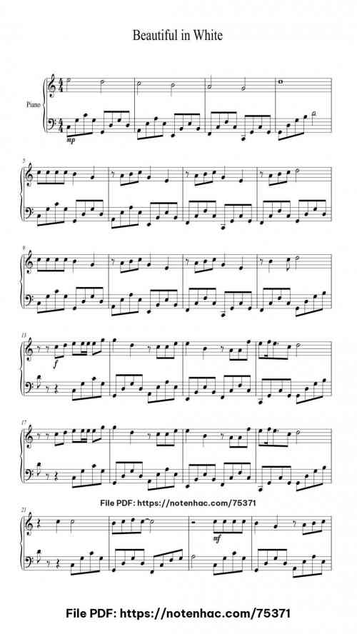 Beautiful in White piano sheet music free pdf