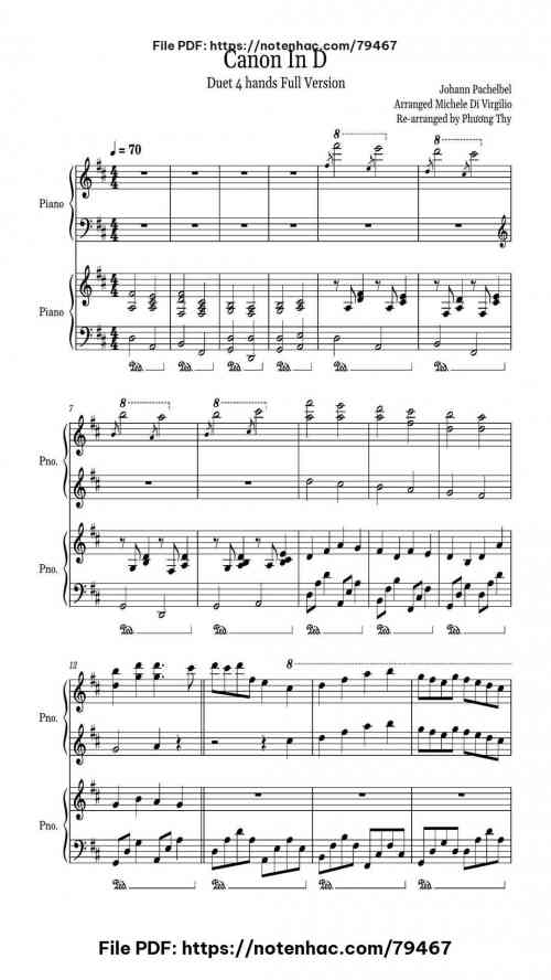 Canon In D Duet 4 Hands by Johann Pachelbel Level intermediate