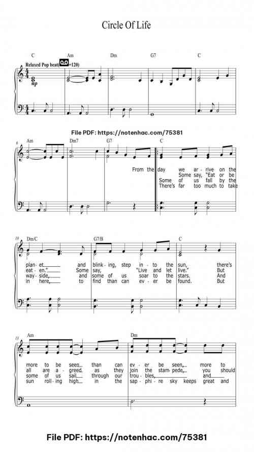 Circle Of Life by Elton John Level Intermediate 4 Circle Of Life piano sheet music free pdf