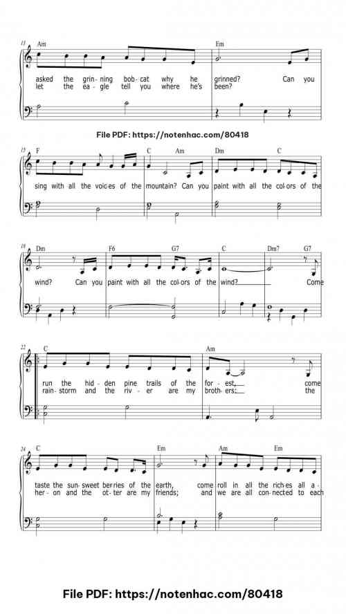 Colors Of The Wind by Vanessa Williams Level Beginner 6 Colors Of The Wind piano sheet music free pdf
