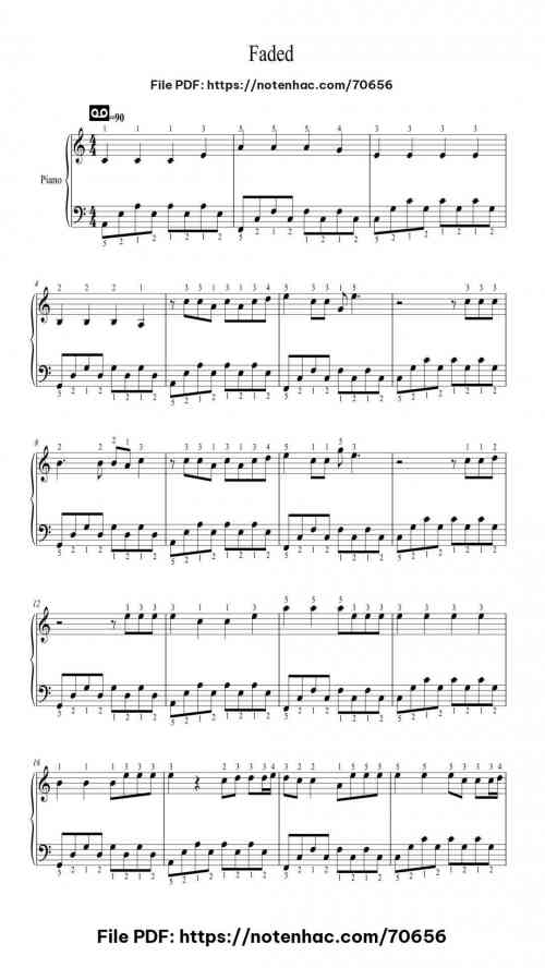 Faded- Easy Piano with Fingering piano sheet music free pdf
