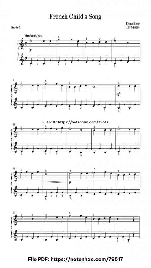 French Child's Song with Finger's Number by Franz Behr Level Beginner