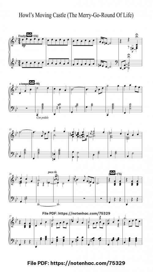 Howl's Moving Castle Theme for Piano Solo piano sheet music free pdf
