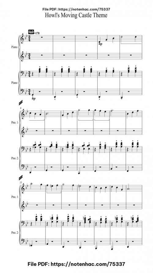 Howl's Moving Castle Theme for Two Pianos by Joe Hisaishi Level Advanced 7 Howl's Moving Castle Theme for Two Pianos piano sheet music free pdf
