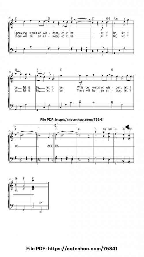 Let it be by The Beatles Level Beginner 4 Let it be piano sheet music free pdf