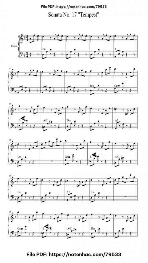 Piano Sonata No. 17 in D Minor, Op. 31, No. 2 "Tempest" by Ludwig van Beethoven Level Beginner