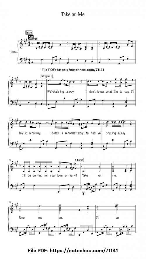 Take on Me piano sheet music free pdf
