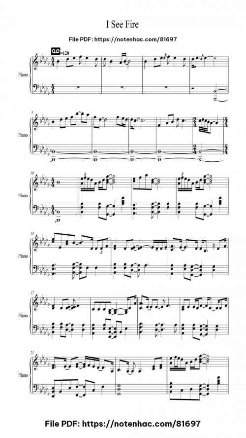 I See Fire by Ed Sheeran Level Intermediate 6 I See Fire piano sheet music free pdf