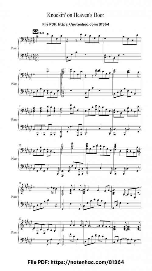 Knockin' on Heavens Door piano sheet music free pdf