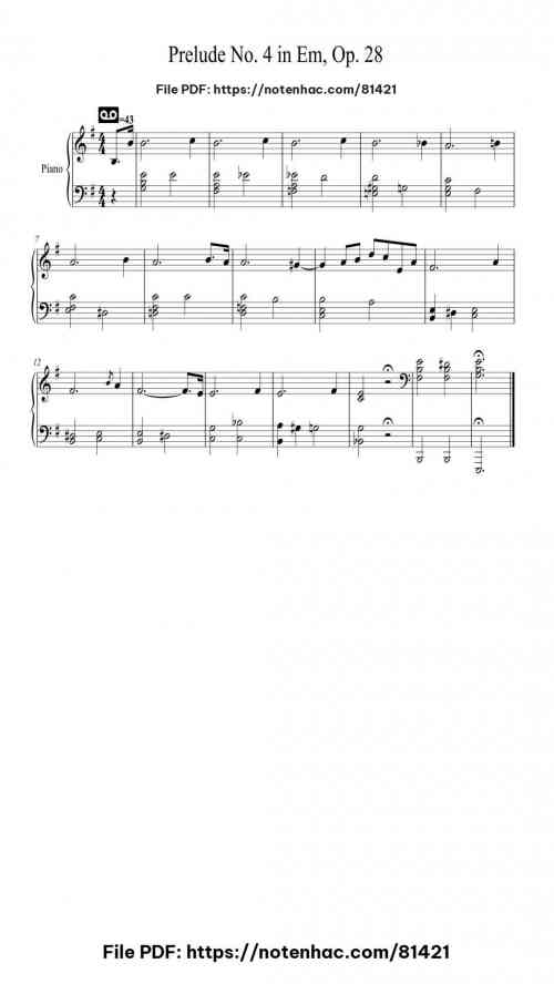 Prelude No. 4 in Em, Op. 28 by Frédéric Chopin Level Beginner 2 Prelude No. 4 in Em, Op. 28 piano sheet music free pdf