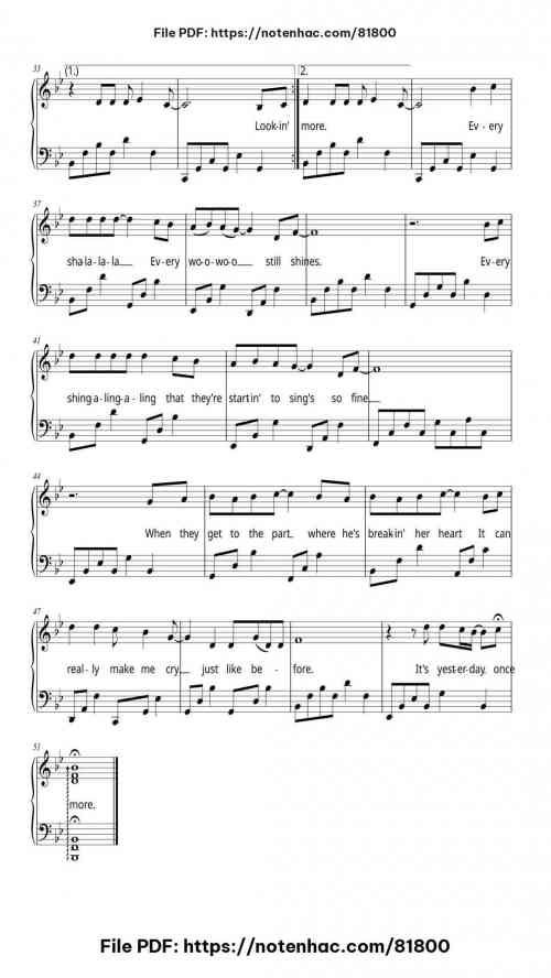 Yesterday Once More piano sheet music free pdf